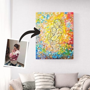 Cadeau tableau nouveau-né, cadeau nouveaux parents, cadeau pour maman, bébé, peinture au trait personnalisée à partir d'une photo, dessin joyeux et coloré, art mural