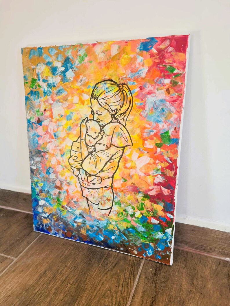 Benutzerdefiniertes Mama Geschenk, Mutterschaft, Geschenk für Mamas zur Geburt, Acryl Gemälde auf Leinwand, Fot zum Malen, Linie Zeichnung image 5