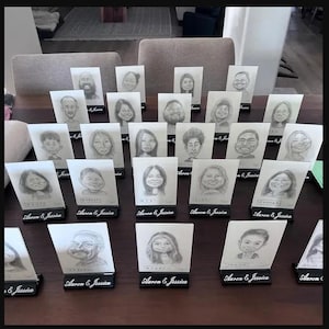 Cadeau personnalisé 2 en 1 + marque-place / VRAIMENT RESEMBLE / Caricature de mariage / fabriqué à partir de photo / 100 % fait main, pas numérique / carte de nom de siège