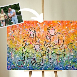 Dessin au trait personnalisé de famille, cadeau pour la famille, peinture acrylique personnalisée à partir d'une photo, fait main sur toile, portrait de famille, illustration