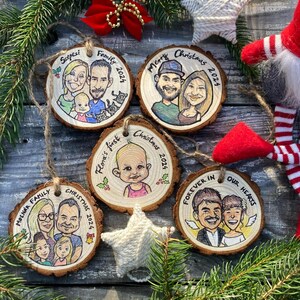 Custom Hand-Drawn Caricature Christmas Ornament – Personalized Family, Pet, or Memorial Gift on Wood for Holiday Decor based on photo