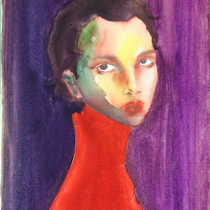 Lady in Red, watercolor painting, portrait image 1