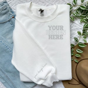 Sleeve Mock up White Gildan 18000 Sweatshirt Gildan Flatlay Mockup G180 White Mockup Boho Aesthetic Mock up Folded Flatlay Collar Mock up