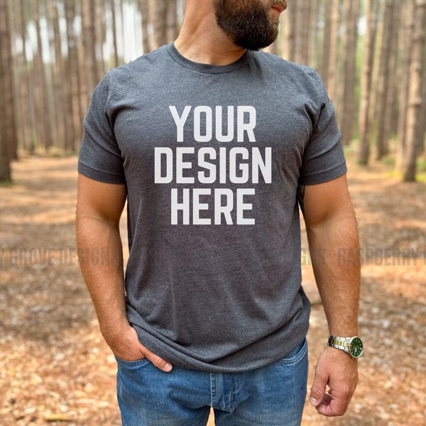 Mens BC3001 Mockup, Mens Dark Grey Heather Bella Canvas Mock up, Male Model 3001 Mockup, Bearded Man Outdoor Mockup, Gray Halloween Mockup