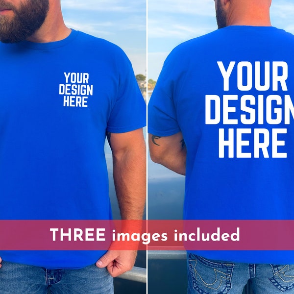 Mens Front and Back Gildan 5000 Mockup, Mens Royal Gildan 5000 Mock up, Backside Mockup Gildan 5000 Mock up Male Model Back of Shirt Mock up