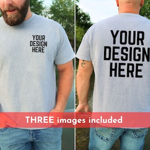 Front and Back Gildan 5000 Mockup, Gray Mens Gildan 5000 Mock up, Backside Mockup Sport Gray Gildan 5000 Mock up, Male Model Outdoor Mock up