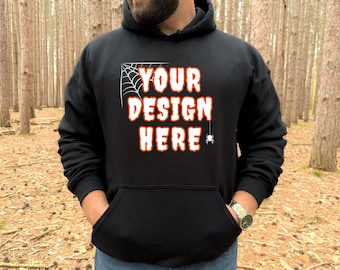 Mens Halloween Hoodie Mockup, Black Hoodie Mock up, Gildan 18500 Sweatshirt Mockup, Male Outdoor Mockup, Black Hooded Sweatshirt Mock up