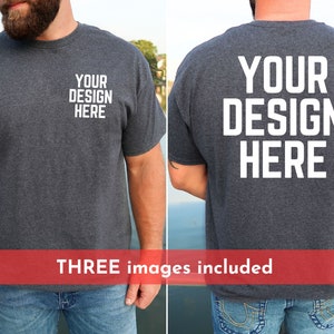 Front and Back Gildan 5000 Mockup, Gray Mens Gildan 5000 Mock up, Backside Mockup Dark Heather Gildan 5000 Mock up, Male Model Mock up