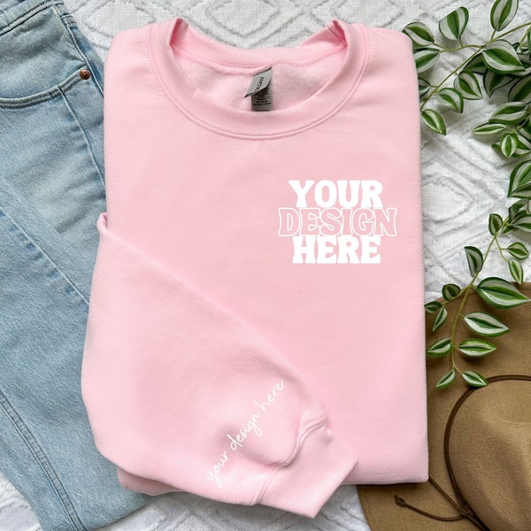 Sleeve Detail Mockup Light Pink Gildan 18000 Mock up Gildan 18000 Sweatshirt Light Pink G180 Light Pink Flat lay Mockup Gildan Boho Mock