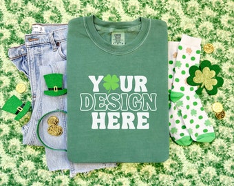 Comfort Colors St Patricks Day Mockup, Light Green Comfort Colors Mock up, Light Green 1717 St Patrick's Day Mock up, 1717 Flatlay Mockup