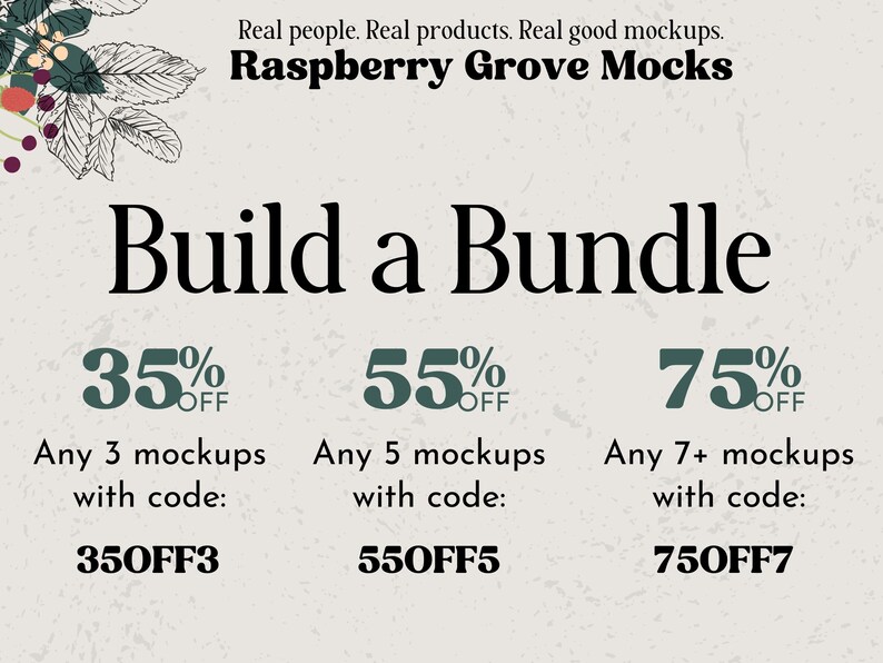 Pu&ograve; includere: Una grafica con il testo "Build a Bundle" e tre opzioni di sconti su mockup. La prima opzione &egrave; uno sconto del 35% per qualsiasi 3 mockup con il codice 350FF3. La seconda opzione &egrave; uno sconto del 55% per qualsiasi 5 mockup con il codice 550FF5. La terza opzione &egrave; uno sconto del 75% per qualsiasi 7+ mockup con il codice 750FF7.