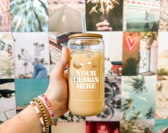 16 Unzen Becher Mockup, Libbey Glas Mockup mit Deckel und Strohhalm, Eiskaffeetasse Mockup, Glasbecher Mockup mit Bambusdeckel, Glasdose Mockup