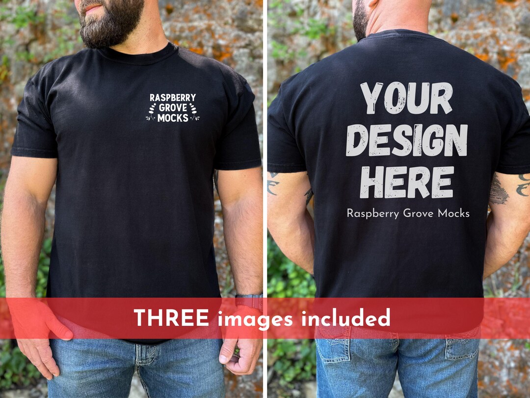 Front Back Mock Mens Front and Back Mockup Black, Male Model Comfort Colors Backside ...