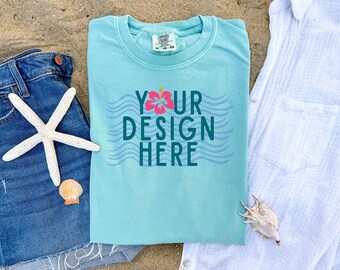 Maquete Chalky Mint Comfort Colors, C1717 Chalky Mint Mock up, Beachy Comfort Colors Chalky Mint Flatlay Mockup, 1717 T-shirt Flat lay Mockup