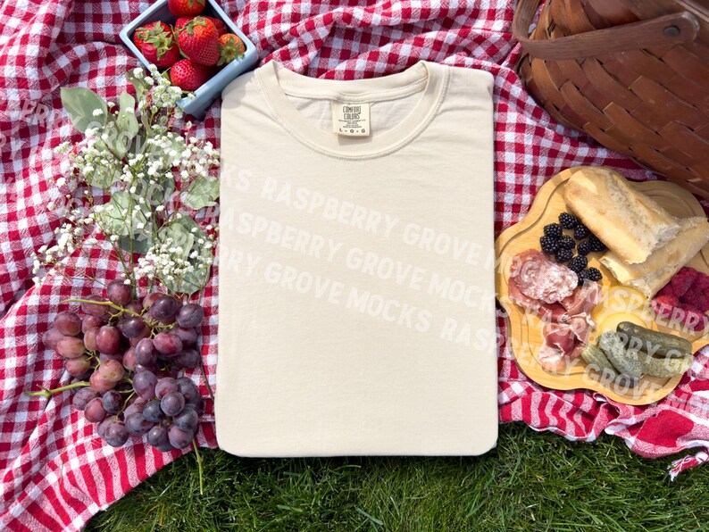 Pu&ograve; includere: Una maglietta beige su una tovaglia da picnic a quadri rossi e bianchi con uva, bacche e un tagliere di salumi.
