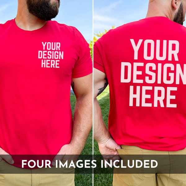 Front Back Bella Canvas 3001 Mockup, Red BC3001, Male Model Mockup, Bella Canvas Red Mockup, Back View Mock up, Bearded Man Outdoor Mockup