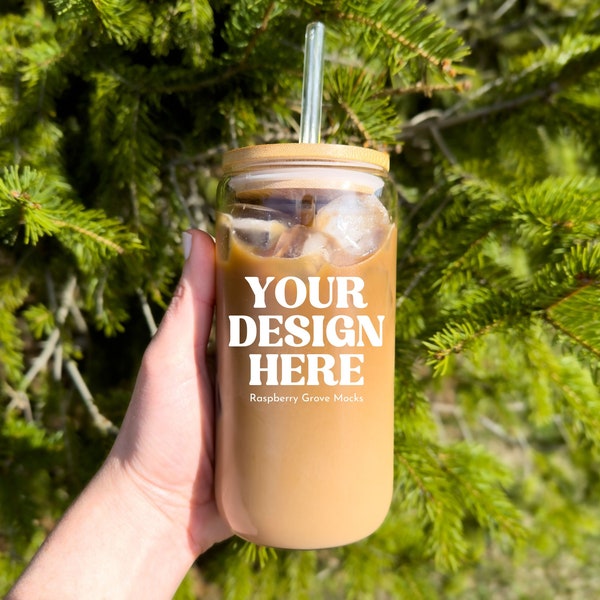 16oz Tumbler Mock up, Libbey Glass Mockup with Lid and Straw, Iced Coffee Cup Mockup, Glass Tumbler Mockup with Bamboo Lid, Glass Can Mockup
