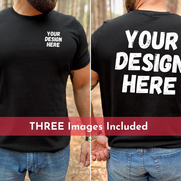 Mens Front and Back Bella Canvas 3001 Mockup, Male Model 3001 Mockup, Black Bella Canvas Mockup, Backside Mock Mens Halloween Mockup Outdoor