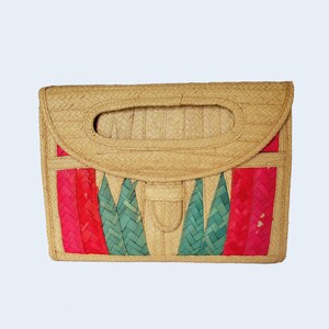 Vintage Boho Woven Straw Tote | Repurposed as Storage Basket | Organizational Bin with Closing Flap