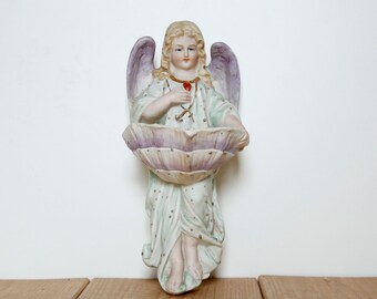Guardian Angel Holy Water Font, Porcelain Angel with Sacred Heart, Cross and Anchor. Made in Germany 1950s, Editioned 93/100. WOW!