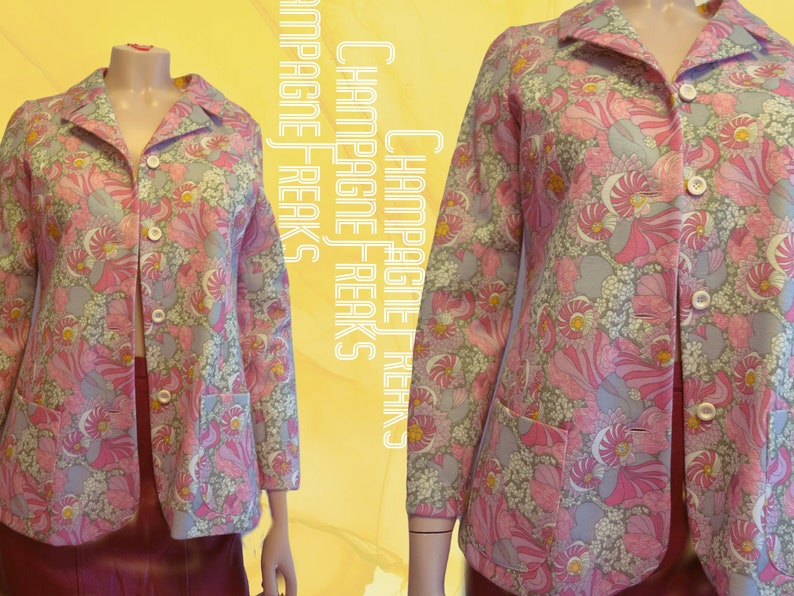 Colorful 70s vintage woman\u2019s jacket with floral print hippie style