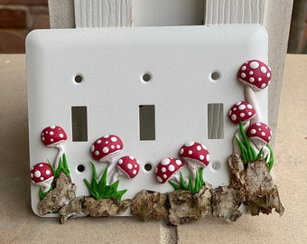 red mushroom art triple light switch cover handmade one of a kind original