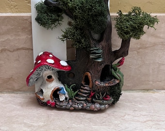 Mushroom and enchanted tree gnome  art light switch cover one of a kind