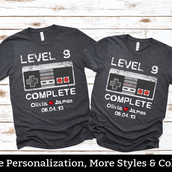 9th Anniversary Gift For Couple Husband Wife, Custom Level 9 Complete Shirt Personalized  Ninth Nine Year Anniversary Shirts For Him Her