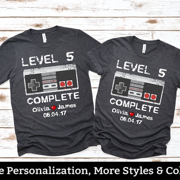 Level 5 Complete Shirt Personalized 5th Anniversary Gift For Couple Husband Wife, Custom Fifth Five Year Anniversary Tee Shirts For Him Her