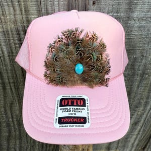 Feather Trucker Hat, Western Cap, Pink Trucker Hat with Feathers and turquoise center stone.