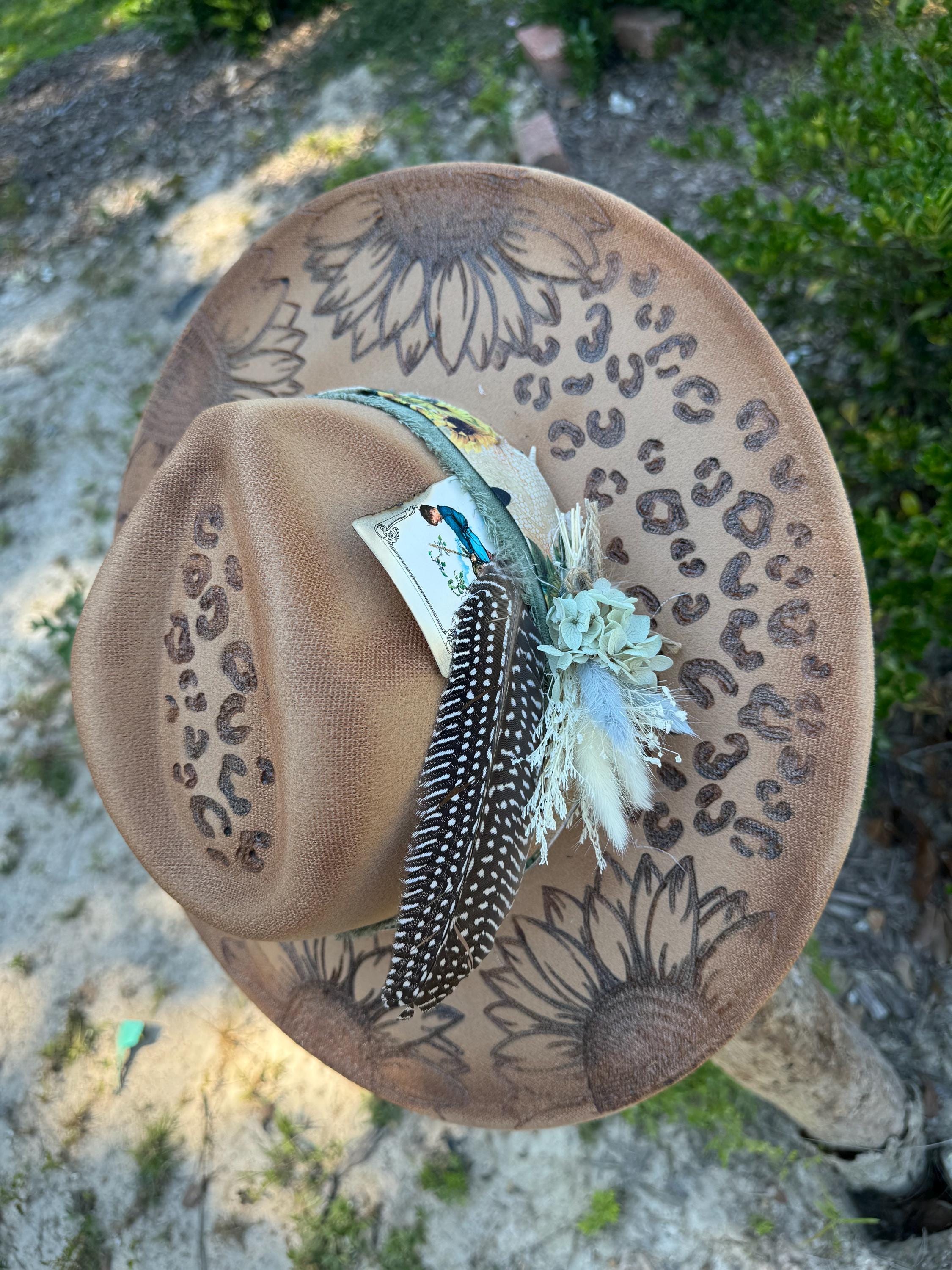 Burned Brim Hat: Leopard Print & Sunflower Design - Etsy display picture 3