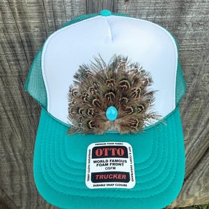 Feather Trucker Hat, Western Cap, Turquoise/ Teal and White Cap with Feathers