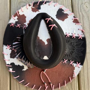 Burned fedora / cowboy hat Vibrant Pink with one of kind velvet and feather band Burned fedora / cowboy hat Vibrant Pink with one of kind  main image 3