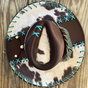 Cowhide Wide Brim Hat with Leather Feather Band