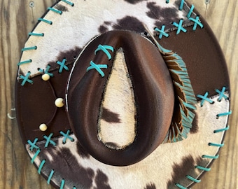 Cowhide Wide Brim Hat with Leather Feather Band