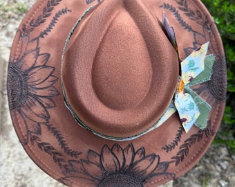 Burned Sunflower Wide Brim Hat: Concert Ladies Hat