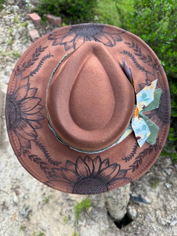 Red sunflower burned Wide Brim Hat Sunflower Burned Hat, Floral Engraved Cowboy Hat, Sunflower  main image 4