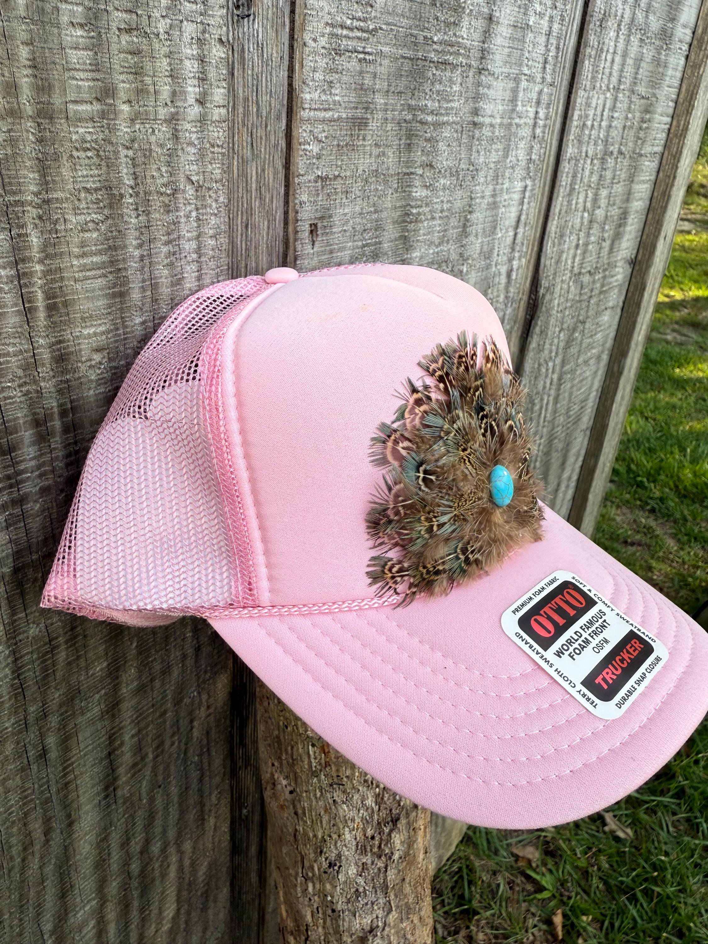 Feather Trucker Hat: Pink Western Cap With Turquoise Stone  display picture 1