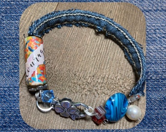Denim blue jean bracelet leaf charm bracelet leaf toggle clasp boho bracelet gift for her