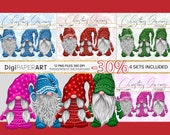 Christmas Bundle PNG, Nordic Gnomes Clipart, Nisse Gnomes Clip Art, Pink Blue Red Green Scandinavian Tomte Graphic, Design Elements
