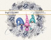 Christmas Wreath Gnomes PNG, Silver Shabby Chic Wreath, Nordic Gnomes, Hand Drawn Christmas Wreath, Sublimation Graphic, Instant Download