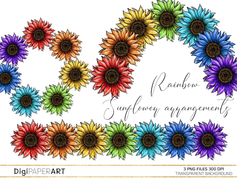 Rainbow Sunflowers PNG arrangements Fall Sunflower border | Etsy