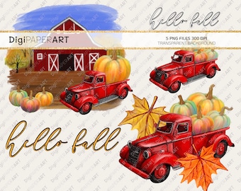 Fall PNG, Thanksgiving Red Truck Clipart, Barn PNG Farm, Vintage Red Truck Graphics, Thanksgiving Sublimation Graphics DIY Printable