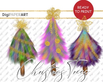 Christmas Tree PNG, Sublimation Graphic Printable, Instant Download, Holiday Christmas Tree, Glitter Colorful Christmas Trees