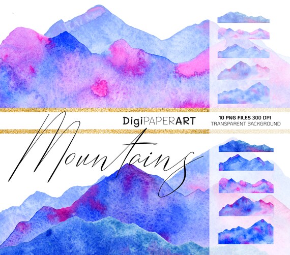 Watercolor Mountains Clipart Pink Blue Landscape Clipart Etsy