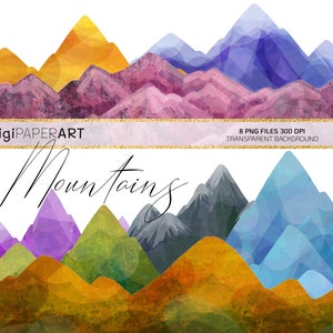Watercolor Mountain Clipart, Colorful Bright Mountains Clipart, Mountains Border, Watercolor Mountain Landscape, Mountain Backgrounds