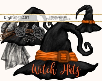 Witch Hats PNG, Halloween Clip Art, Hand Drawn Witches Hat Printable, Halloween Witch Hats Illustration, Sublimation Graphic Design Elements