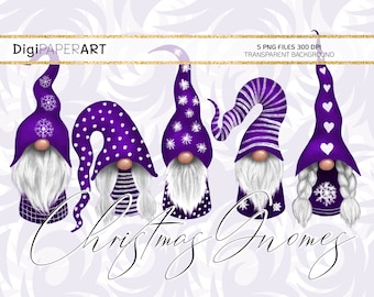 Christmas Gnomes Clipart, Scandinavian Gnome Clipart, Purple Nordic Gnomes Clip Art, Nisse Tomte, Graphic Decoration, PNG Design Elements