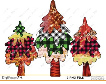 Christmas Tree PNG, Christmas Tree Clipart, Glitter Colorful Christmas Trees Illustrations, Sublimation Graphic Elements, Digital Download