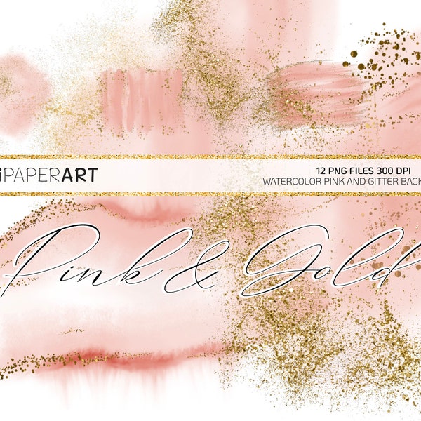 Blush Pink Gold Glitter PNG, Watercolor Backgrounds, Splatter Sublimation Graphics, Paint Brushstroke Clipart, Glitter Dust Graphic Elements